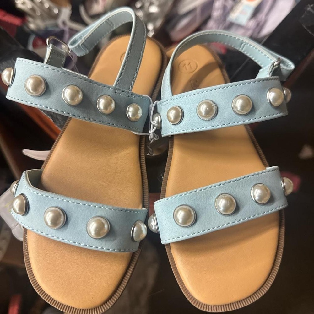 Cat & Jack Girls Light Blue Pearl Stud Two-Strap Sandals Size 11